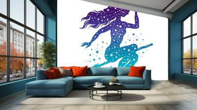 Witch on broom silhouette. Vector halloween flying witch girl. Magic illustration of sexy beautiful girl on broomstick. Cute woman in hat with blue star background. Night fairy art. Magician fantasy Wall mural