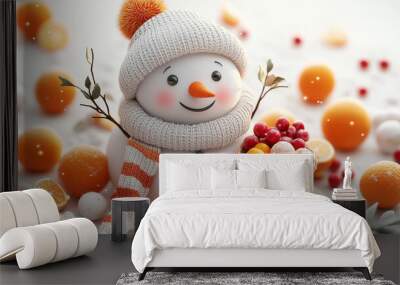 Cheerful snowman with knitted accessories surrounded by colorful winter fruits Wall mural