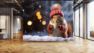 Cheerful squirrel drinks warm cocoa in forest against backdrop of lights Wall mural