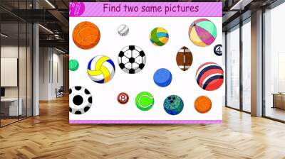 children's educational game, tasks. find two identical objects in the picture. ball, basketball, volleyball, rugby, tennis, football Wall mural