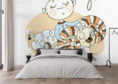 Children's zodiac. The zodiac sign Aries. A cute little boy rides a RAM. Vector. Wall mural