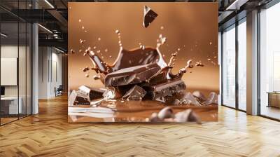 Chocolate explosion with chunks soaring and a splash of liquid chocolate Wall mural