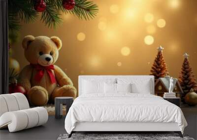 Christmas card on a gold background of fir branches,Christmas balls,gingerbread houses, Santa and teddy bears on a gold background. Sparkling bokeh. Free space for text Wall mural