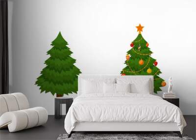 Christmas tree with lights and presents. Fir tree before and after decoration. Colorful cartoon noel holiday vector illustration. Wall mural