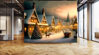 Christmas village vintage style. Winter Village Landscape Christmas Holidays. Christmas Card Wall mural