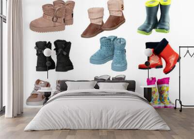 Collage set of children shoes and boots. Collection of seasonable various colorful children shoes and rubber boots isolated on a white background. Close-up. Shoes autumn and spring fashion. Wall mural