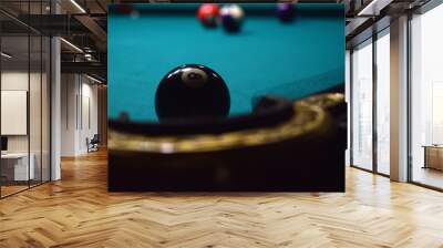 colored balls of the American pool and cue on the billiard table Wall mural