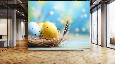 Colorful easter eggs collection on wooden background. Spring wooden yellow and blue background. Easter card with free space for text Wall mural