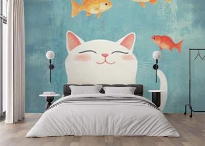 Cute dreamy white cat on blue background with yellow fishes
 Wall mural