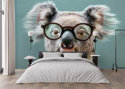 Cute funny animal koala in glasses on bright background, optics, funny poster, vision correction Wall mural