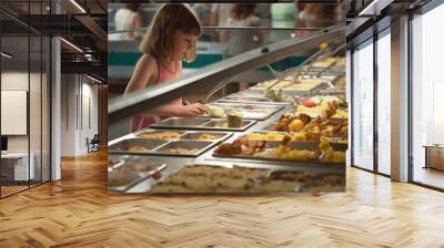 Cute girl choosing food in the school canteen, at lunch Wall mural