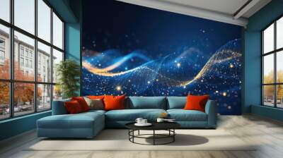 Dark blue background with glowing glitter and abstract technology curves. Wall mural