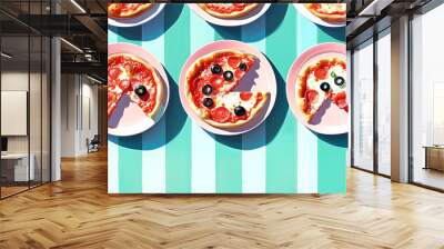 Colorful pattern of pepperoni and olive pizzas on striped background Wall mural