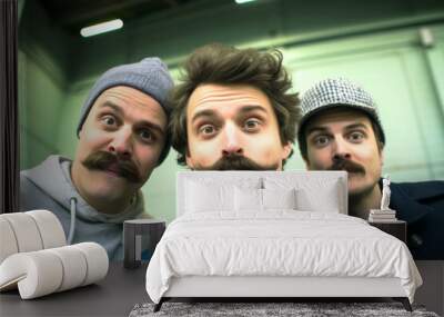 Three friends/brothers with mustaches smiling in casual attire at warehouse setting. movember Wall mural