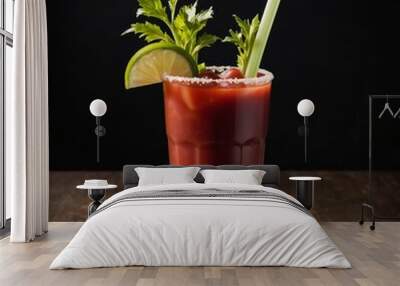 Delicious Bloody Mary cocktail with celery, lime, and salt on a wooden table Wall mural