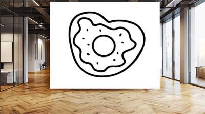 Doodle heart-shaped donut with sprinkles. Hand-drawn outline cute dessert on white background. Sweet baking sign of love, Valentines Day, birthday, celebration, No diet day. Vector food illustration Wall mural