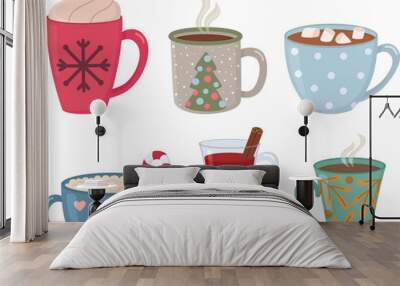 Set of cute cups with hot drinks and sweets. Hand drawn holiday objects Wall mural