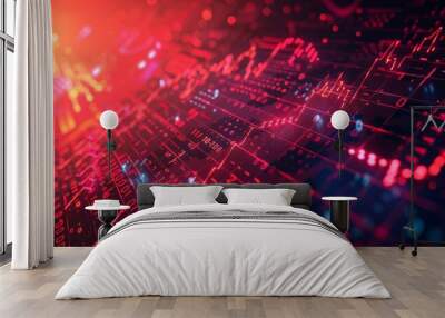 Dynamic digital graphs overlaying a glowing red binary code backdrop. Wall mural