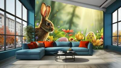 Easter - Cute bunny in a sunny garden with spring flowers and decorated eggs. easter background. easter background. Wall mural