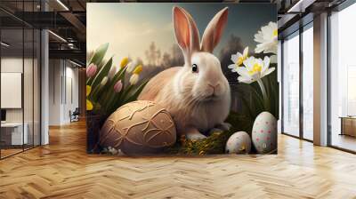 Easter festive composition, rabbit, colourful eggs, illustration. Generative AI Wall mural