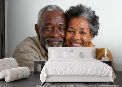 Elderly African couple hugging, smiling on a white background, in a great mood. Free space for text Wall mural