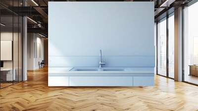 Empty kitchen counter with a white wall and sink. Mock up blank modern light kitchen interior. Wall mural