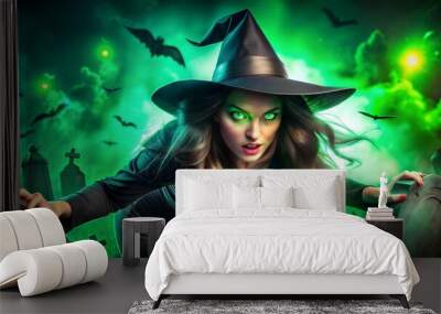 Enchanting Halloween Witch with Glowing Green Eyes Surrounded by Bats in Haunted Cemetery Wall mural