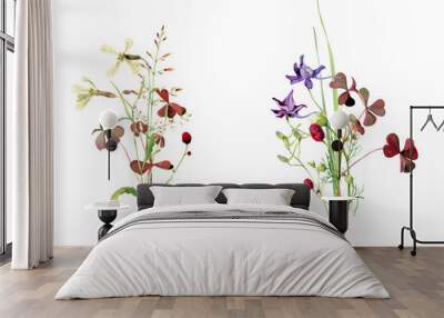 Watercolor two bouquets of wild forest flowers on a white background  Wall mural