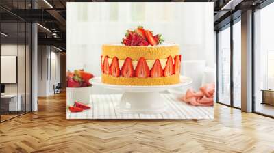 Festive French Fraisier Cake made with two layer of Genoise Sponge, Diplomat Cream and Fresh Strawberries. Delicious Summer Fruit Cake with fresh berries on a holiday table. Wall mural