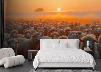 flock of sheep in sunset Wall mural