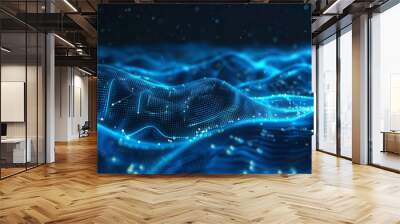 Flowing blue digital wave with glowing particles and mesh network. Wall mural