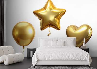 Foil gold 3d birthday metallic helium balloons of different shapes on transparent background. Heart, star and round ball shapes holidays and party decoration concept. Wall mural