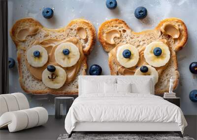 Food for kids, bear face toast with banana and peanut butter Wall mural