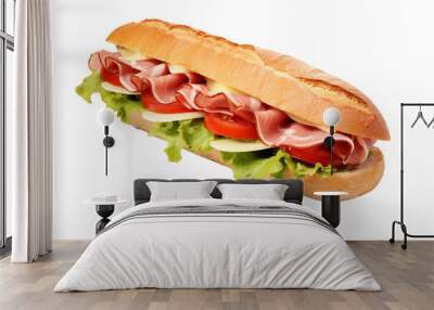 Fresh baguette sandwich with ham, tomato, lettuce on white background  Wall mural