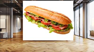 Fresh baguette sandwich with ham, tomato, lettuce on white background  Wall mural