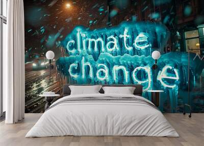 Frozen, covered by ice neon blue sign that says climate change on a blurred city street in bad snowy weather background Wall mural