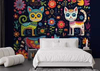 Funny dog and cat decorated skulls and skeleton and Mexican traditional symbols, elements and flowers on dark background. Day of the dead, Dia de los muertos. Cute greeting card for  mexican holiday.  Wall mural