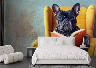 funny dog with glasses and a book sitting  in armchair on a light background. World Book Day. cute character for promotional products, banners, posters, postcards. A horizontal banner with copy space. Wall mural