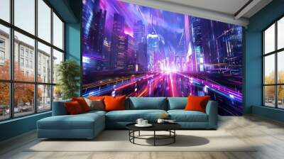 Futuristic cityscape with vibrant speed light trails and glowing skyscrapers. Wall mural