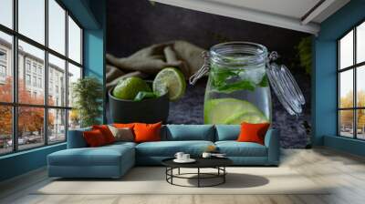 Glass of fresh lemonade with lime and lemon and basil leaves on dark background  Wall mural