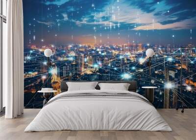 Glowing city lights across continents connected by bright digital networks. Wall mural