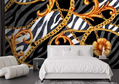 Golden chain glamour baroque style elements seamless pattern background. Wall mural