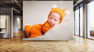 Newborn baby in cute fox outfit Wall mural