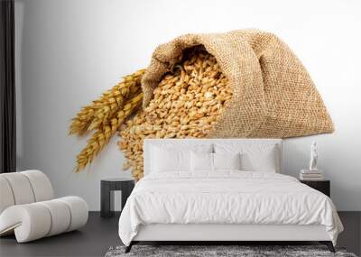 grains of wheat or rye in bag with bunch of dry ears isolated on white background Wall mural