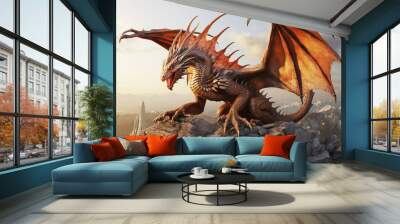 Big beautiful dragon standing on a rock. The symbol of the year, Chinese New Year. AI-Generated. Wall mural