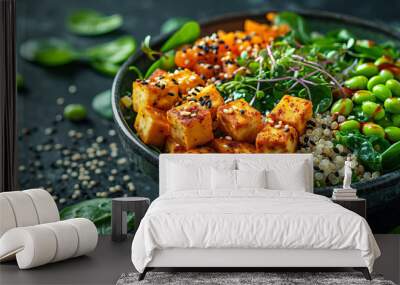 Vegetarian bowl with pumpkin, quinoa, spinach, edamame, tofu. Wall mural