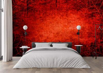 Halloween black bloody red grunge background with silhouettes of spider webs Wall mural