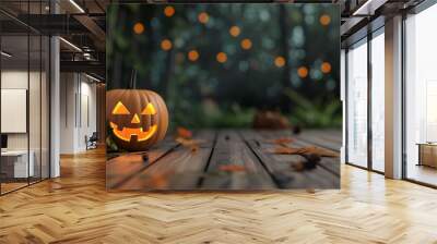 Halloween pumpkin at nature night blurred background with bokeh lighting. Glowing jack o lantern skittish creepy seasonal frame. Title screen with copy space for horror announcement or presentation. Wall mural