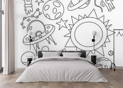 Hand draw space illustration with a rocket, astronaut, planets and aliens. Cute, children s vector drawing about spaceships, flying saucers and shuttles. Space with Saturn, Jupiter and stars Wall mural