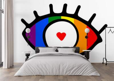 Hand-drawn black outline eye with eyelashes isolated on white background. Loving look with red Heart shaped eye of a rainbow color. Symbol of love, romance, equality, LGBT, gays, lesbians, Valentine Wall mural